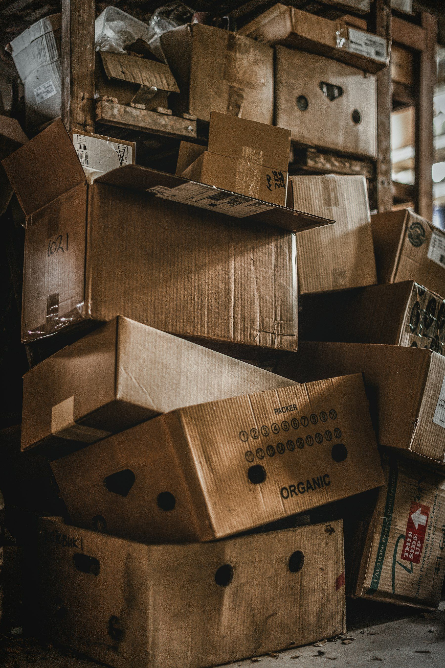 Close-up of packed cardboard boxes